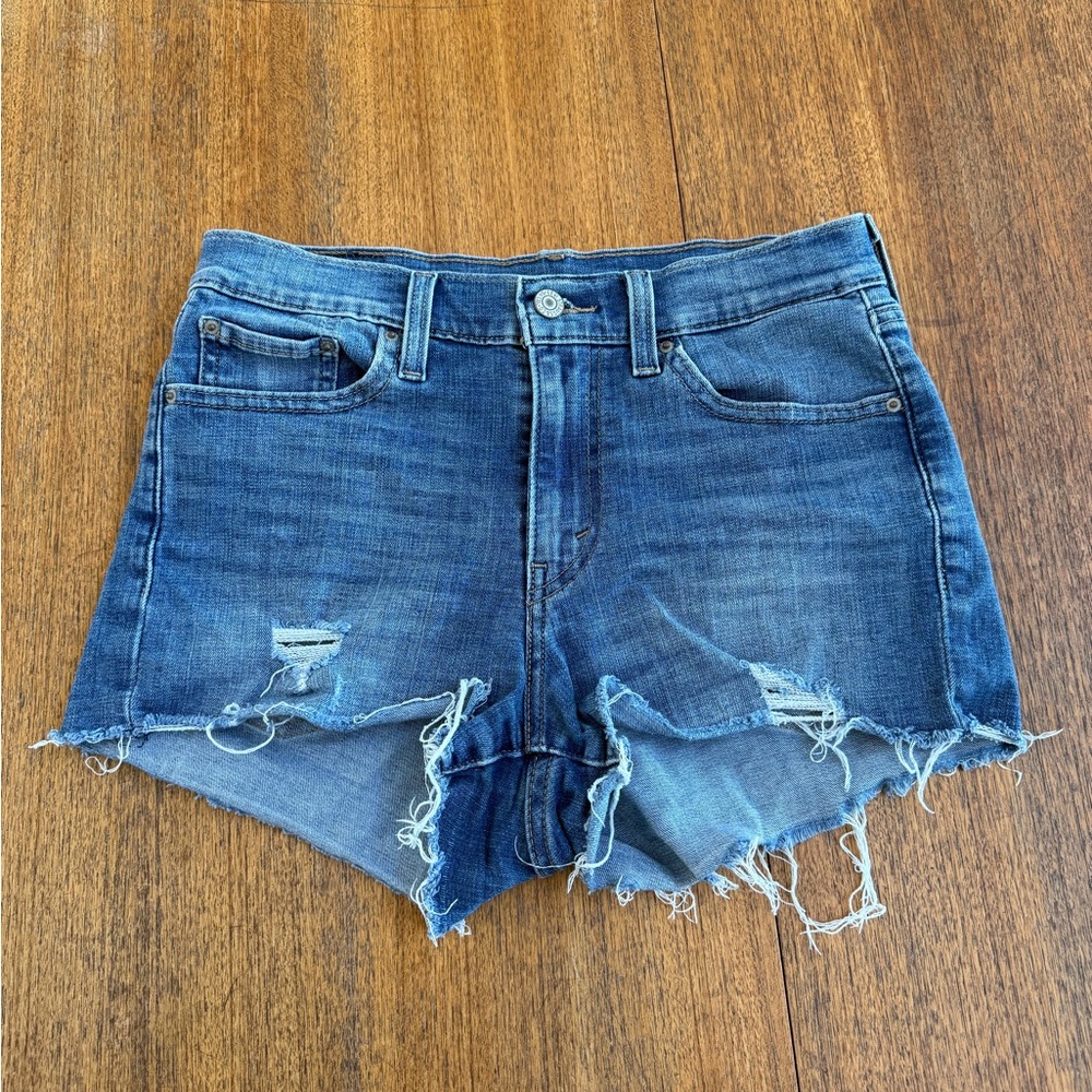 Levi's Blue Distressed Jean Shorts with Frayed Hem